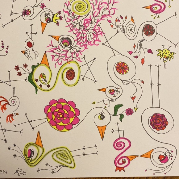 Unframed Original Art Cute Fun Drawing of Swirly Bids & 1 Hidden Chicken to Find - Picture 6 of 6